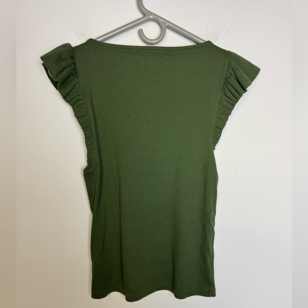 J. Crew Women's Green Rib Ruffle Sleeve Top - Picture 2 of 8